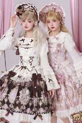 Pink [Antique Teddy Bear] Sleeveless Printed Bow Lace Sweet Elegant Lolita Jsk Dress - Product - 8