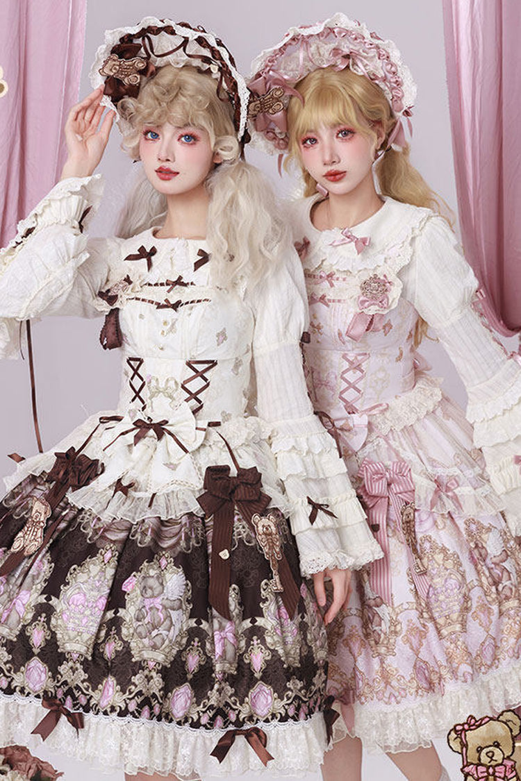 Pink [Antique Teddy Bear] Sleeveless Printed Bow Lace Sweet Elegant Lolita Jsk Dress - Product - 8