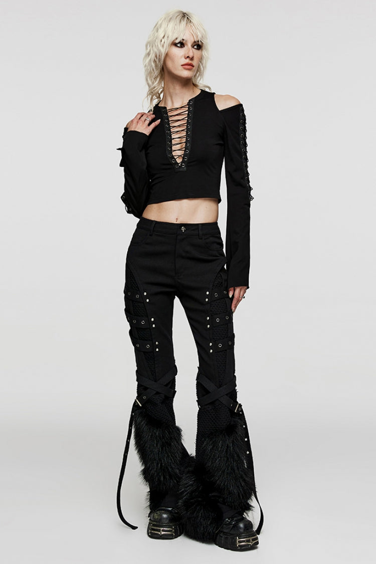 Black Eyelet Stitching Metal Mesh Women's Steampunk Fluffy Pants - Product - 4