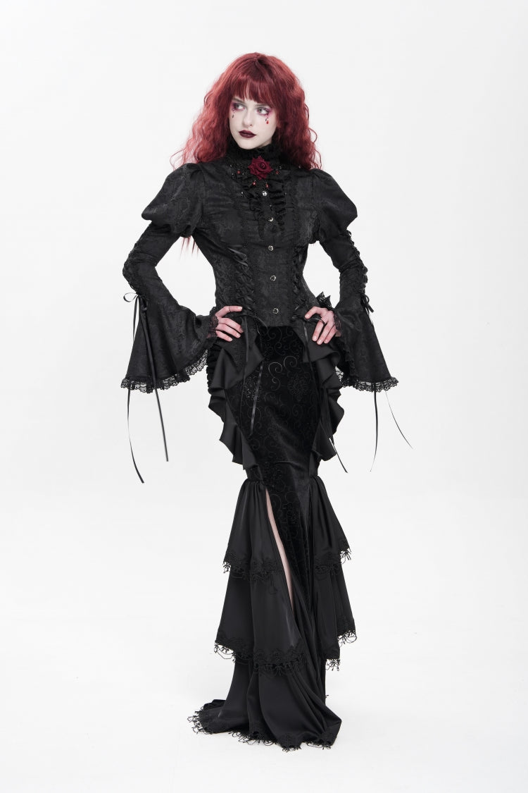 Black Stand Collar Long Puff Sleeves Floral Jacquard Lace-Up Women's Gothic Blouse - Product - 11