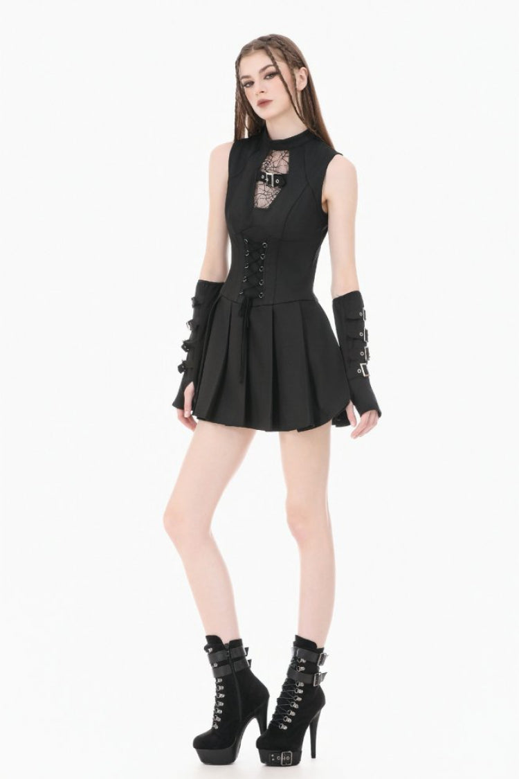 Black Sleeveless Cut-Out Cobweb Sheer Mesh Lace-Up Women's Punk Mini Dress - Product - 10