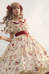 White Apple Tea Print Short Sleeves Country Style Ruffle Bowknot Sweet Lolita Dress (Plus Size Version) - Product - 11