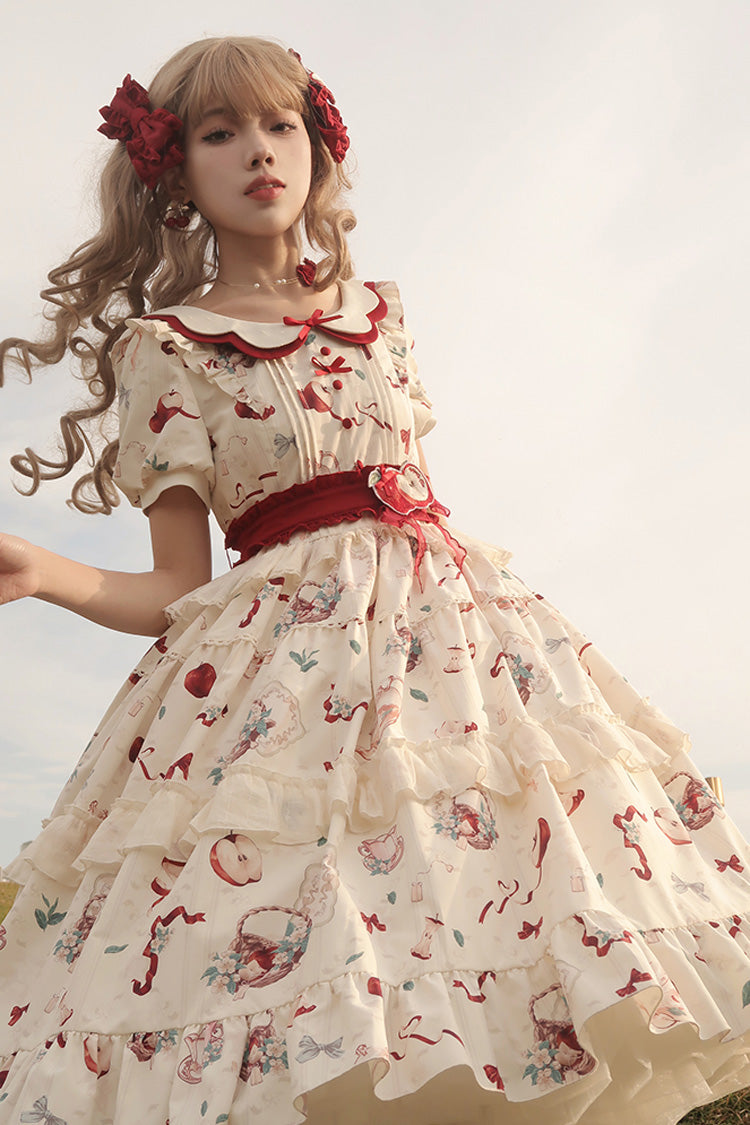 White Apple Tea Print Short Sleeves Country Style Ruffle Bowknot Sweet Lolita Dress (Plus Size Version) - Product - 11