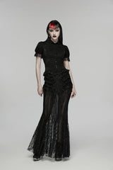 Black Lapel Collar Short Puff Sleeves Cut-Out Lace Lace-Up Slim Women's Gothic Blouse - Product - 6
