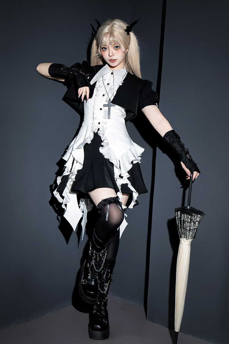 White Ruffle Irregular Clown Pointed Collar Gothic Ouji Lolita Blouse - Product - 3