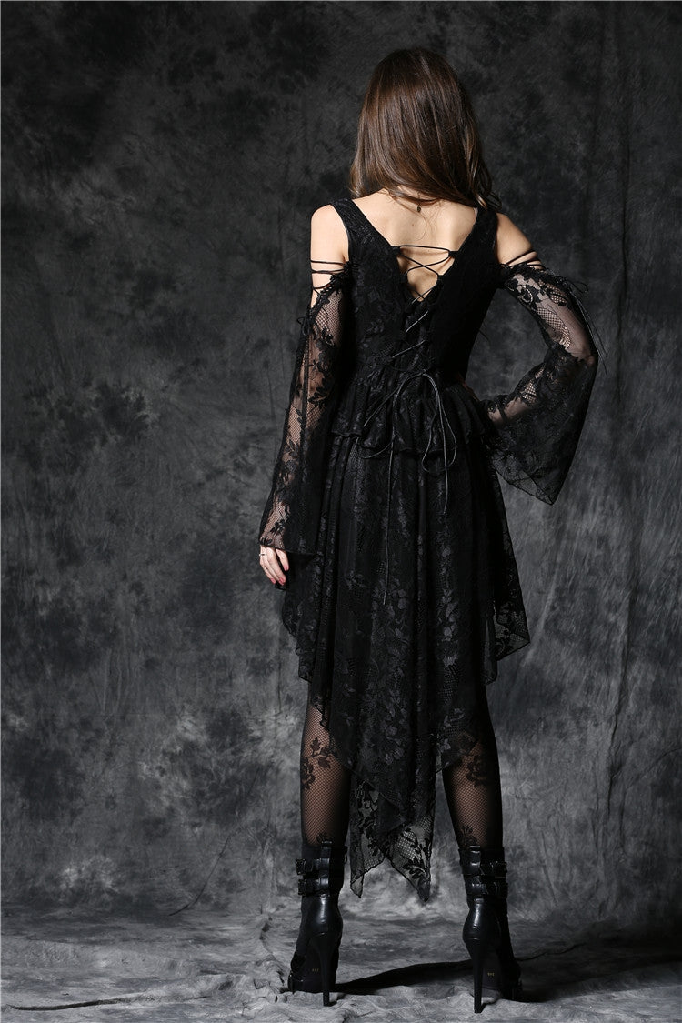 Black Square Collar Long Sleeves Overlay Embroidered Lace Women's Gothic Dress - Product - 15