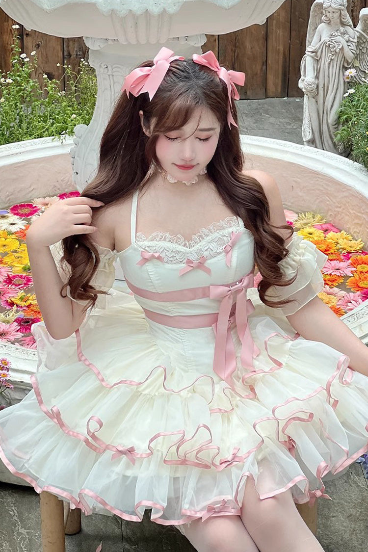 Pink/Beige Ballerina Style Bowknot Slim Fluffy Princess Sweet Lolita Tiered Dress - Product - 7
