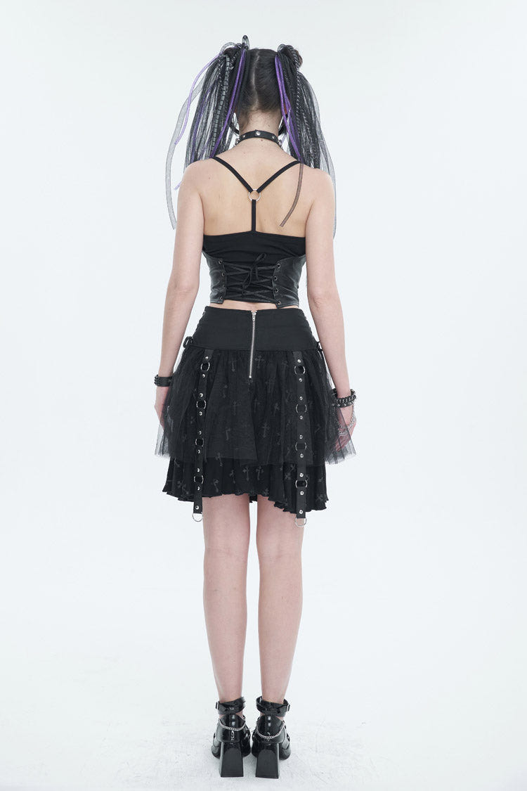 Black Cross Print Side Waist Straps Detachable Metal Chain Women's Punk Skirt - Product - 5