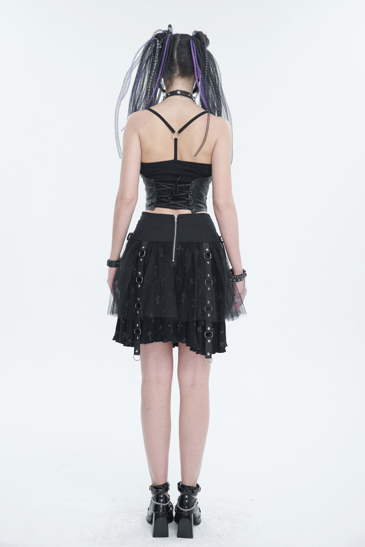 Black Cross Print Side Waist Straps Detachable Metal Chain Women's Punk Skirt - Product - 5