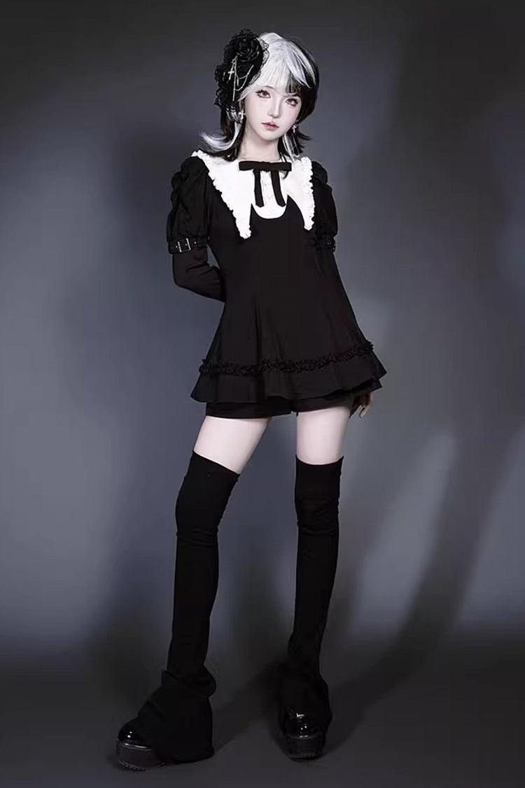 Black/White Long Sleeves Ruffle Bowknot Jirai Kei Japanese Witch Set - Product - 7