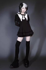 Black/White Long Sleeves Ruffle Bowknot Jirai Kei Japanese Witch Set - Product - 7