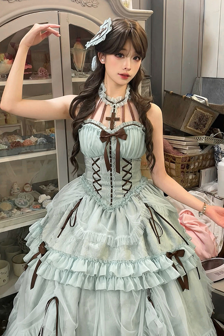 Mint Green Cross Halterneck Ruffle Bowknot Lace Lace-Up Princess Sweet Lolita Dress - Product - 6