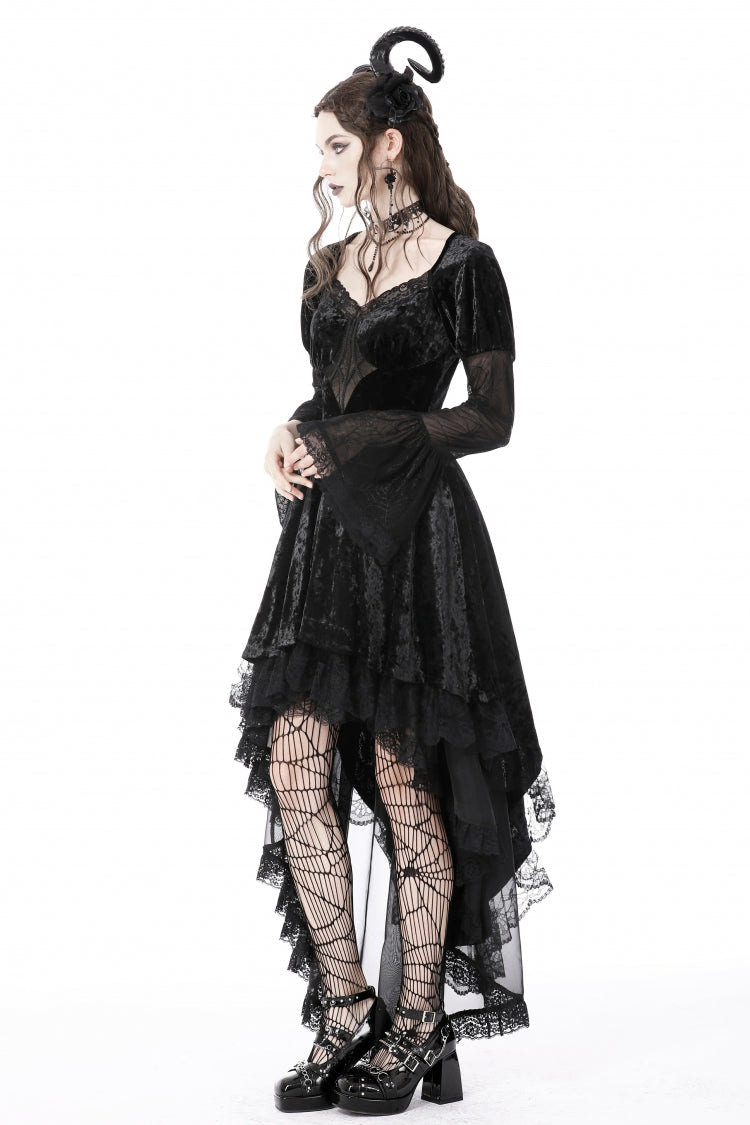 Black Long Puff Sleeves High Low Irregular Multi-Layered Lace Women's Gothic Velvet Dress - Product - 12