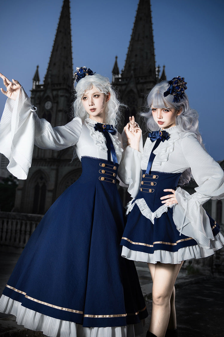 Blue [Eternal Crown] Stand Collar Long Lantern Sleeves Ruffled Color-Blocked Faux Two-Piece Classic Royal Lolita Dress 2 Versions - Product - 8