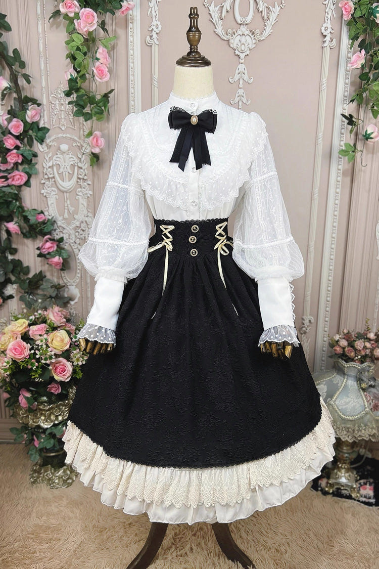 Black [Heart of Rose] High Waisted Ruffle Embroidery Lace-Up Sweet Vintage Elegant Palace Lolita Skirt - Product - 5