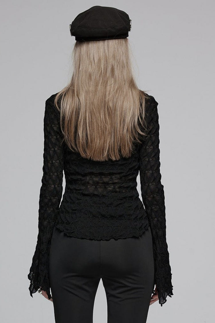 Black Diamond Pattern Round Collar Irregular Drawstring Women's Gothic Shirt - Product - 3