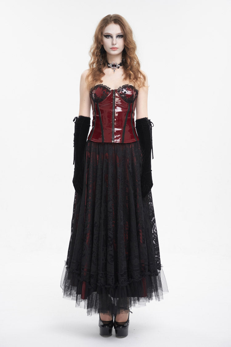 Red Lace Splice Patent Leather Women's Punk Overbust Corset - Product - 4