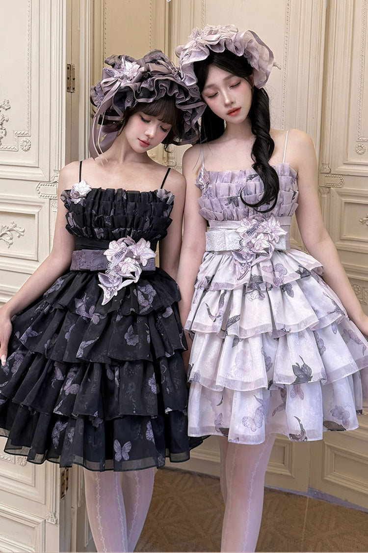 [Stained Glass Dream] Square Collar Sleeveless High Waisted Multi-Layered Printed Ruffled Bow Gothic Lolita Jsk Dress 2 Colors(Black/Purple, White/Purple) - Product - 4