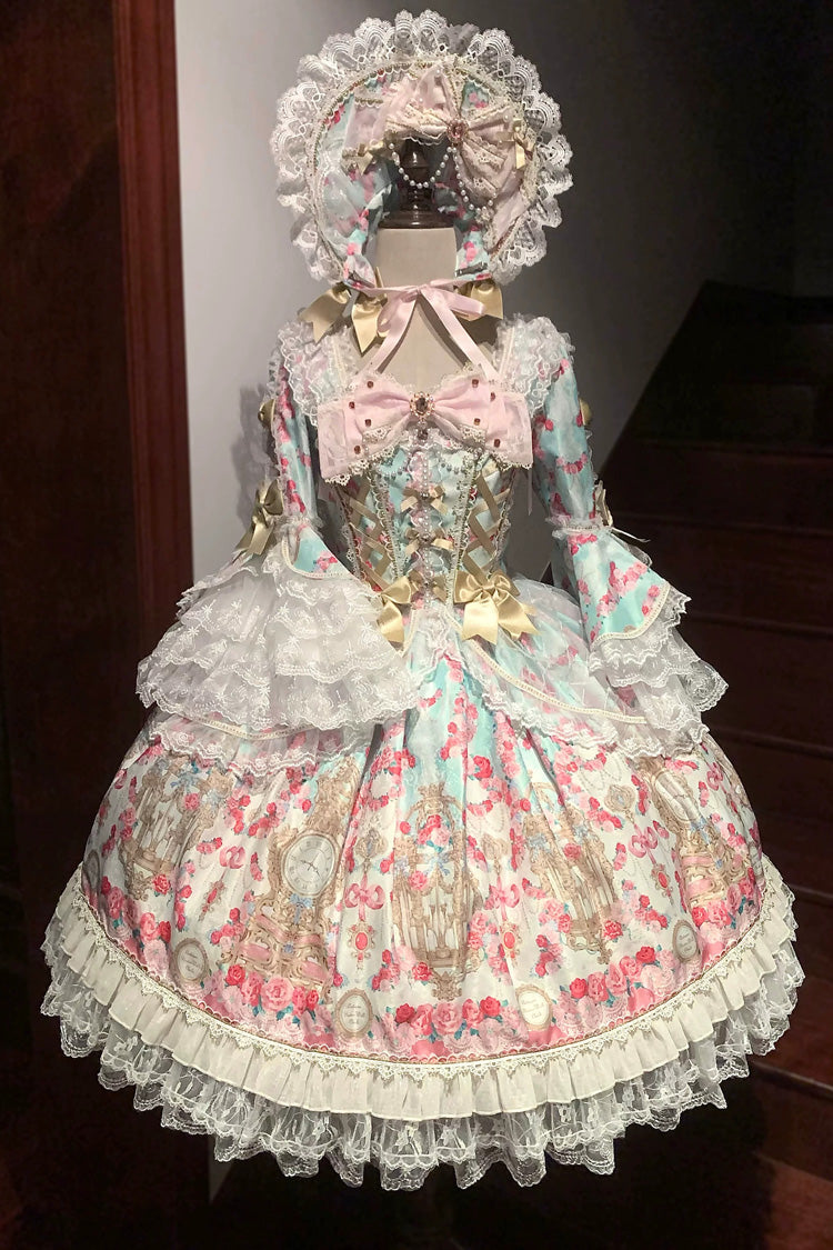 Mint Green/Pink [Rose Garden Prelude] Square Collar Long Trumpet Sleeves Printed Ruffled Bow Lace Lace-Up Sweet Lolita Dress - Product - 3