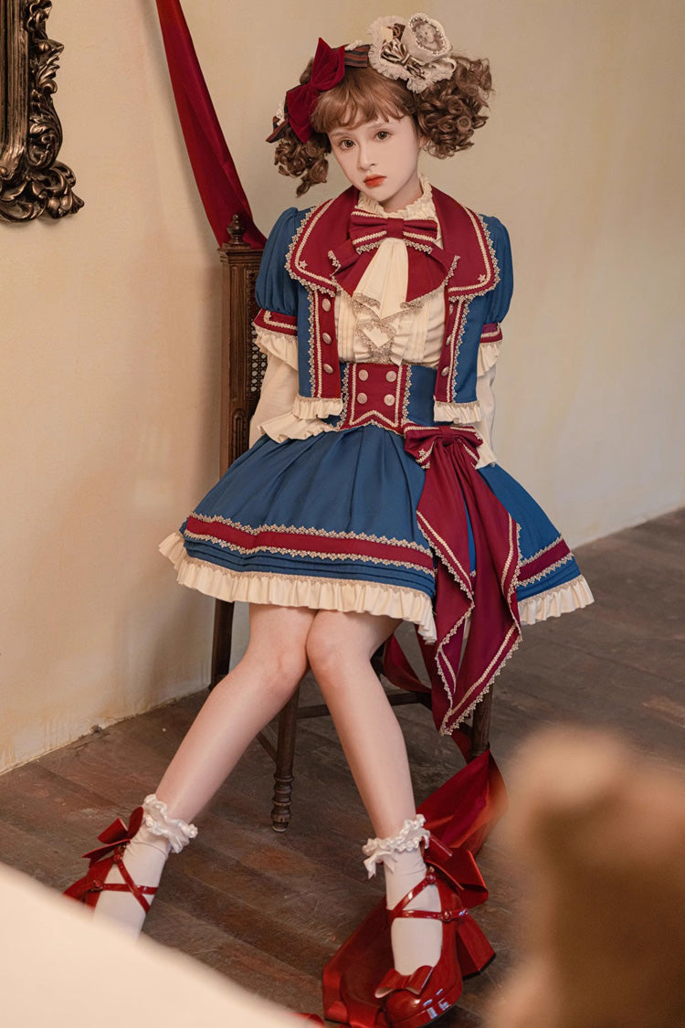 Red/White/Blue Star Idol Round Collar Ruffle Bowknot Sweet Princess Lolita Skirt Full Set - Product - 8