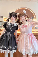 Black [Melody Kitty] Doll Collar Short Sleeves Ruffled Embroidered Bow Lace Sweet Lolita Dress - Product - 2