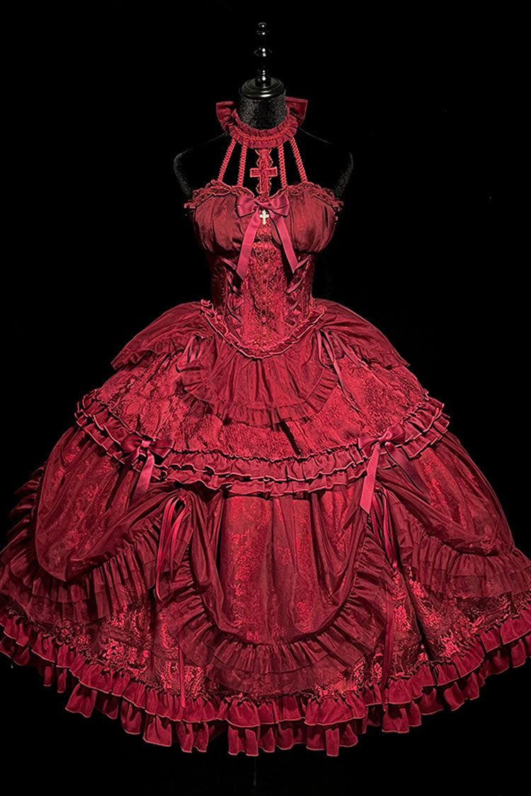 Wine Red Cross Halterneck Ruffle Bowknot Lace Lace-Up Princess Gothic Lolita Dress - Product - 9