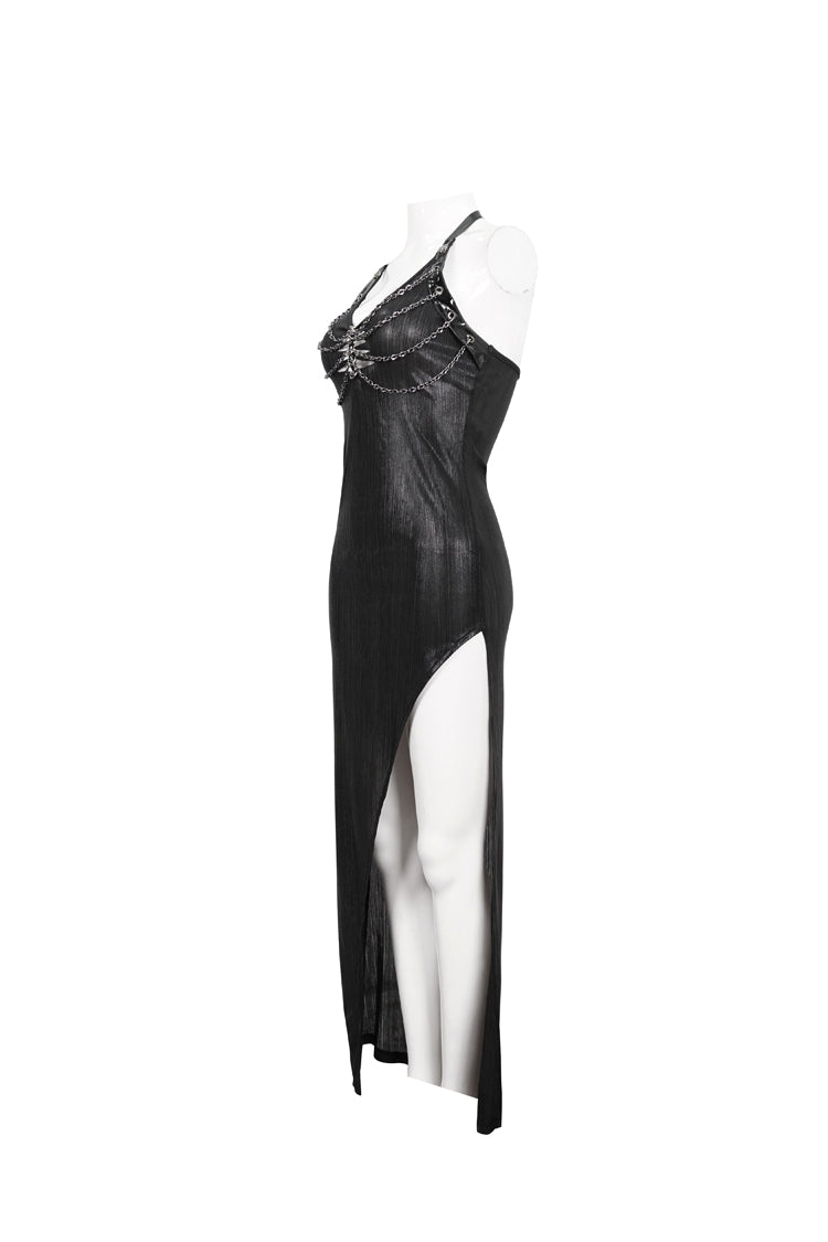 Black Chest Cutout Chain Halter Neck Lace High Slit Long Women's Punk Dress - Product - 7
