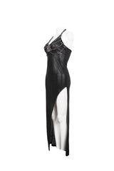 Black Chest Cutout Chain Halter Neck Lace High Slit Long Women's Punk Dress - Product - 7