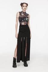 Black Sleeveless Printed Mesh Eyelet Women's Gothic Top - Product - 13
