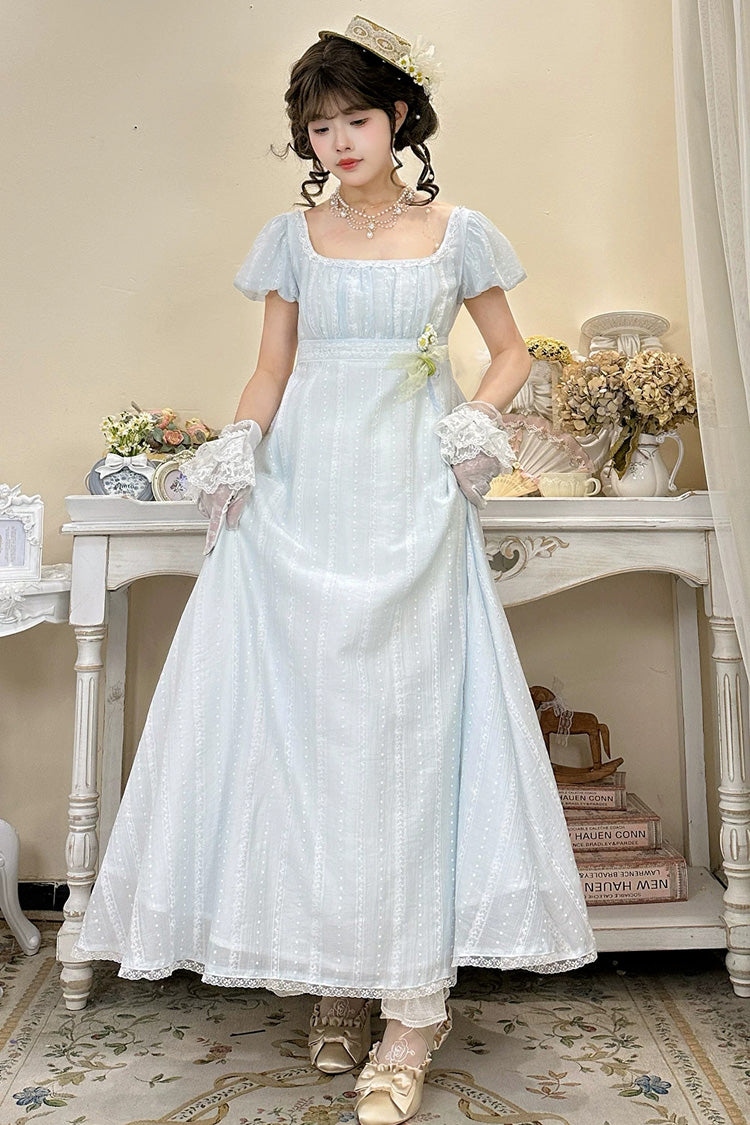 Blue Square Collar Short Sleeves Jacquard Ruffled Lace Sweet Elegant Lolita Dress - Product - 8