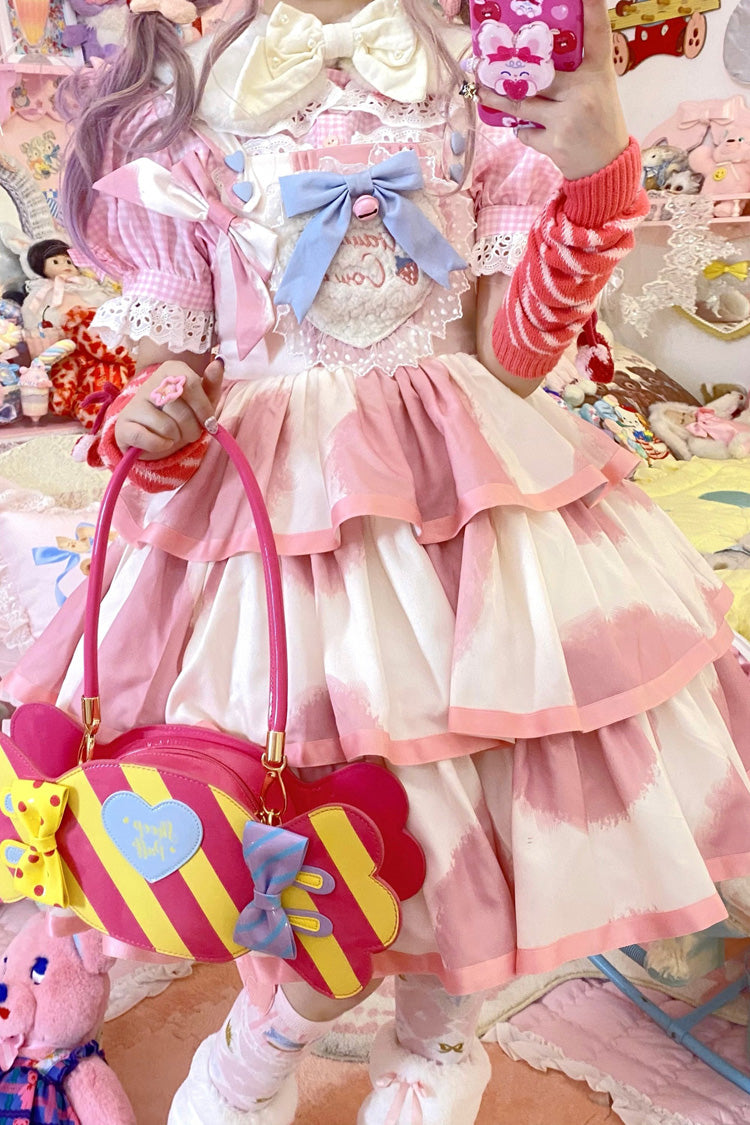 Pink Sleeveless Triple-Layered Cow Print Ruffle Bowknot Sweet Lolita Jsk Dress - Product - 12