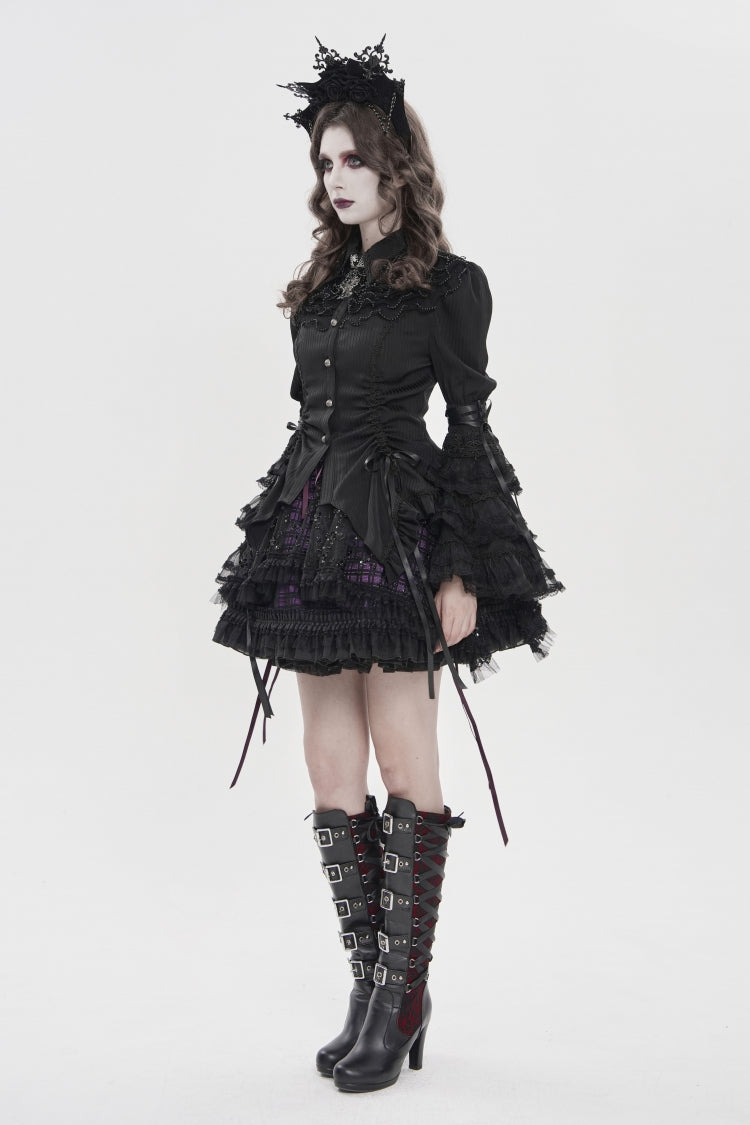 Black Lapel Collar Long Trumpet Sleeves Lace Lace-Up Women's Gothic Blouse - Product - 4