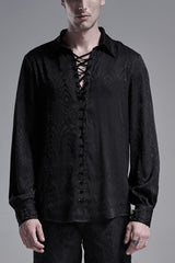 Jacquard Long Sleeve Front Metal Eyelets Lace Up Metal Carving Buckle Cuff Men's Gothic Shirt 3 Colors - Black - 1