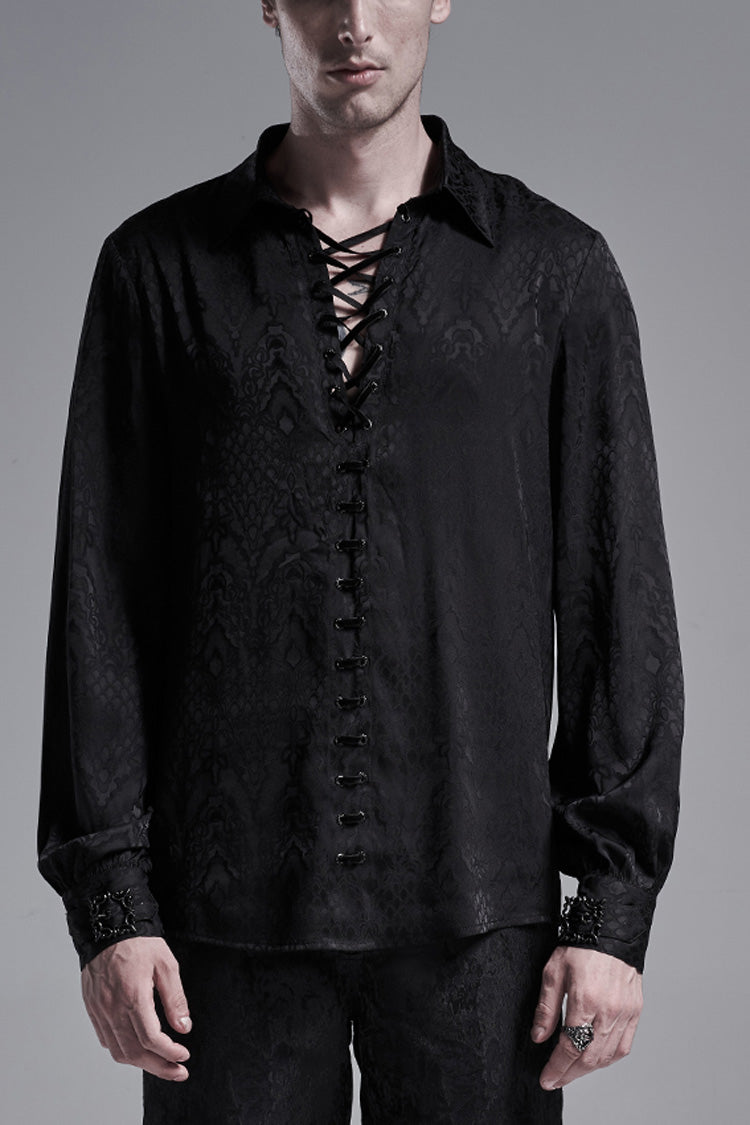 Jacquard Long Sleeve Front Metal Eyelets Lace Up Metal Carving Buckle Cuff Men's Gothic Shirt 3 Colors - Black - 1
