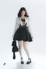 Black/White Lapel Collar Long Sleeves Ruffled Bow Classic Lolita Strap Dress Set - Black/White - 1