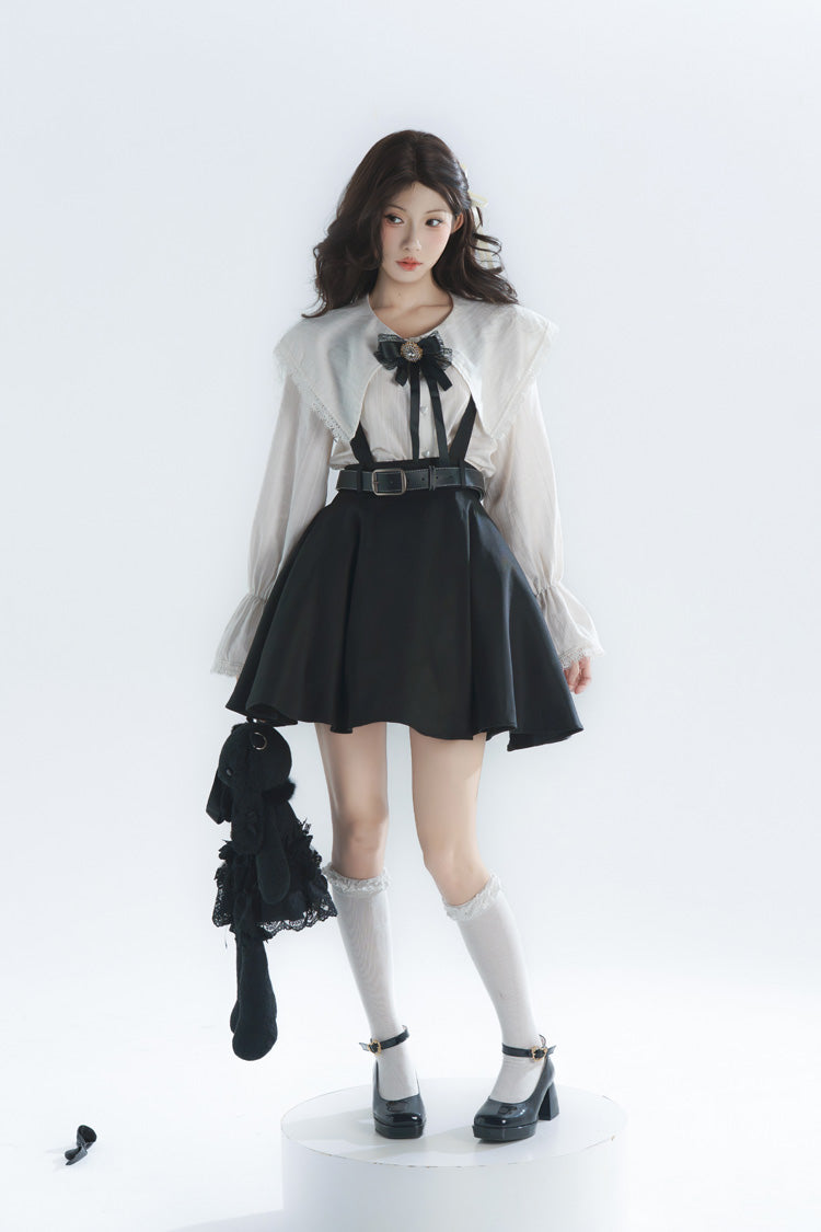 Black/White Lapel Collar Long Sleeves Ruffled Bow Classic Lolita Strap Dress Set - Black/White - 1