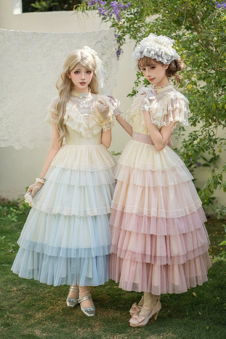 Pink [Sincere Vow] Edwardian Collar Short Sleeves Ombre Multi-Layered Ruffled Embroidered Sweet Lolita Dress - Product - 11