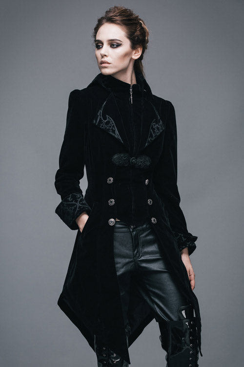 Black Embroidered High Collar Dovetail Velveteen Womens Gothic Coat - Product - 3