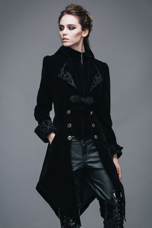Black Embroidered High Collar Dovetail Velveteen Womens Gothic Coat - Product - 3