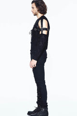 Black Leather Loop Sleeve Irregular Jacquard Knitted Chest Lace Up Removable Men's Punk Shirt - Product - 6