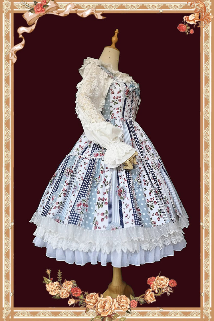 Light Blue Strawberry Plaid Print Bowknot Sleeveless Ruffle Sweet Lolita Dress - Product - 4