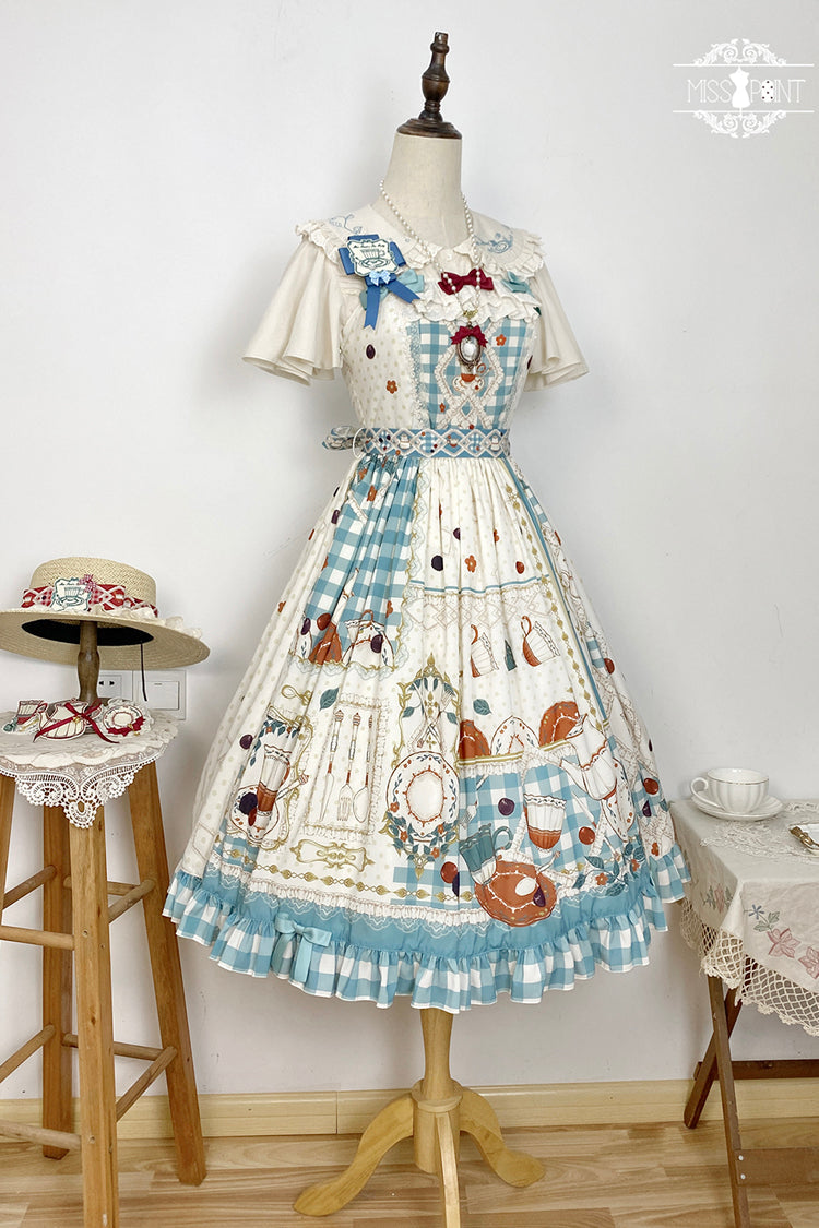 Blue/Green Tea Party Print Ruffle Bowknot Lace Sweet Elegant (Dress Only) detail view 13