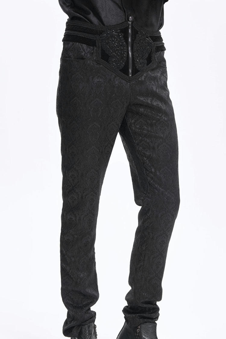 Black Floral Print Embroidery Branded Zip Men's Gothic Pants - Product - 3