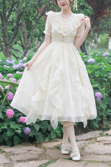 White V-Neck Lace Cla Daily Short Puff Sleeves Sweet Lolita Dress - White - 1