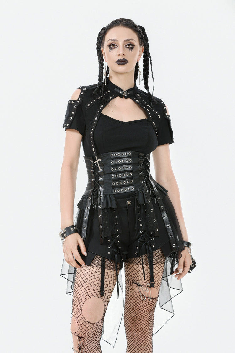 Black High Waisted Lace-Up High/low Mesh Women's Punk Skirt - Black - 1