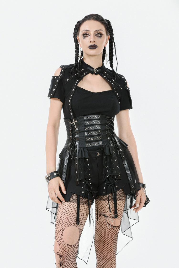 Black High Waisted Lace-Up High/low Mesh Women's Punk Skirt - Black - 1