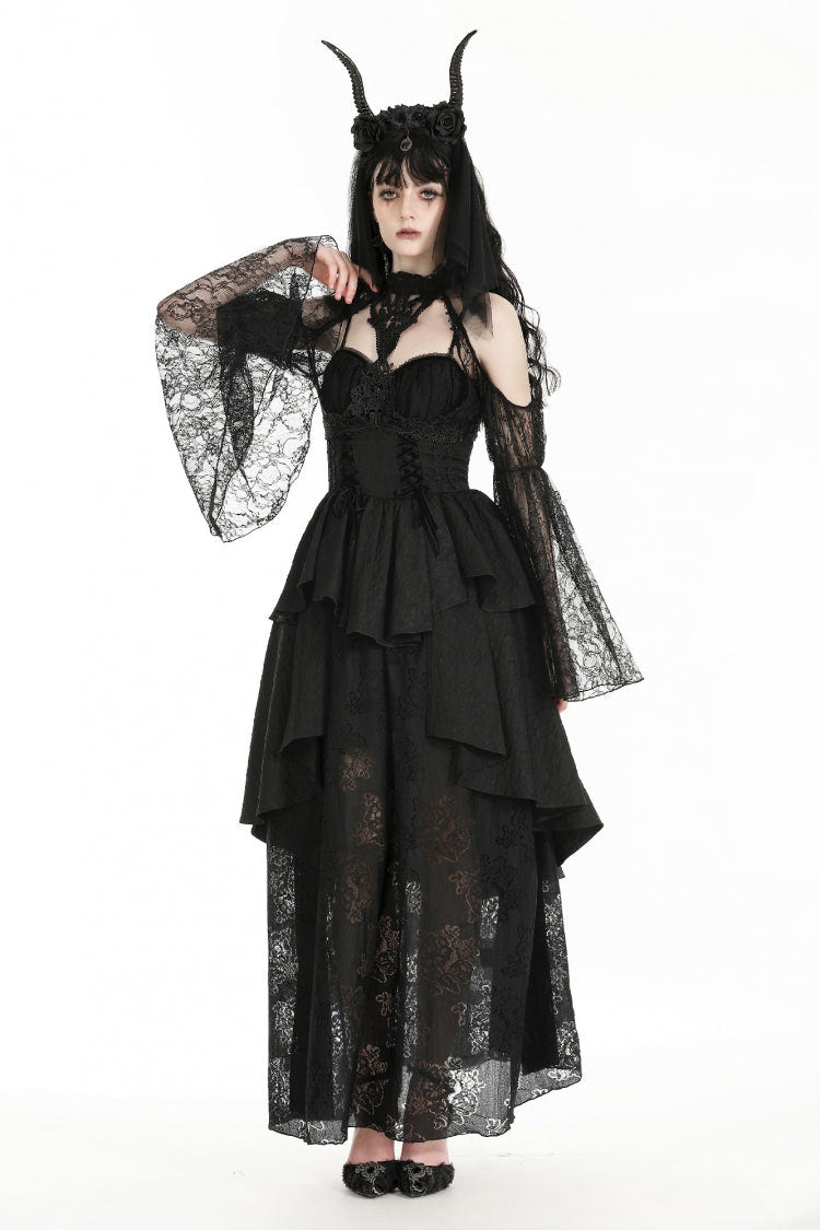 Black Off Shoulder Long Puff Sleeves Cut-Out Lace Women's Gothic Cape - Black - 1