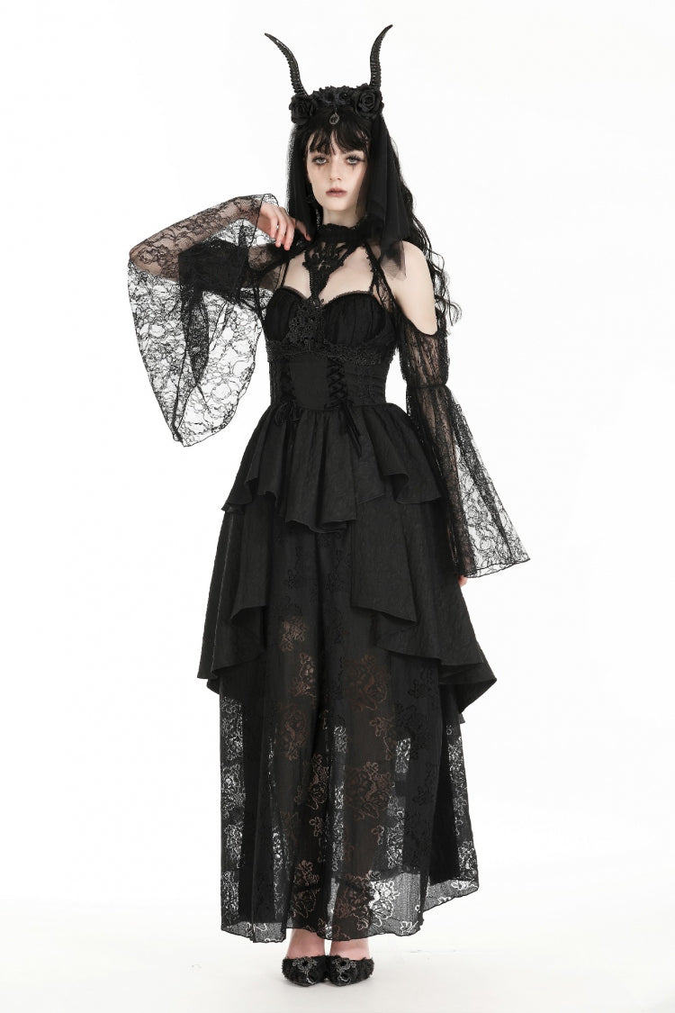 Black Off Shoulder Long Puff Sleeves Cut-Out Lace Women's Gothic Cape - Black - 1