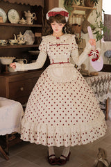 Apricot [Lollipop] Cotton Round Collar Long Lantern Sleeves Polka Dot Printed Ruffled Bow Lace Sweet Elegant Lolita Dress 2 Versions - Product - 22