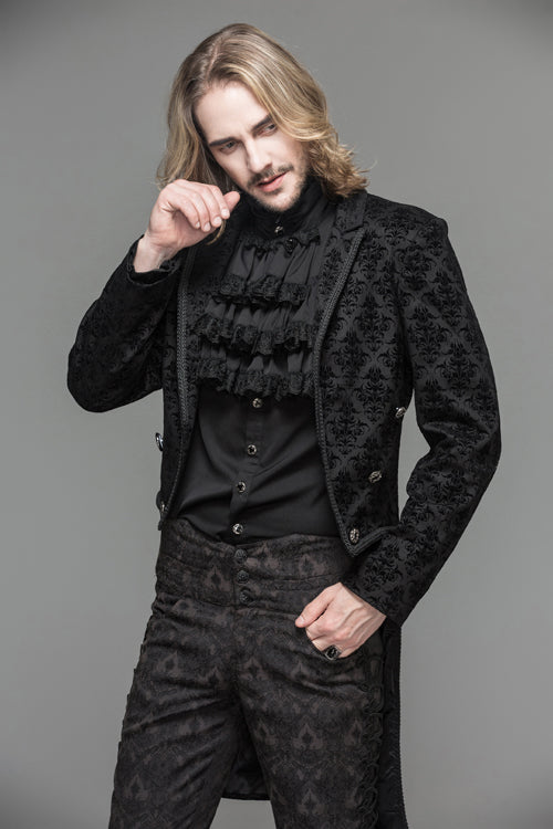 Black Gothic Floral Patterned Flocking Short Front And Long Back Open Mens Coat - Product - 5
